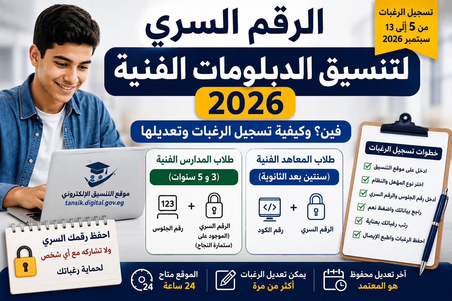 الرقم السري لتنسيق الدبلومات الفنية 2026 ومكانه وطريقة تسجيل الرغبات
