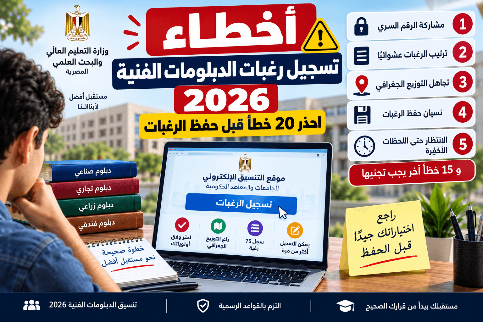 أخطاء تسجيل رغبات الدبلومات الفنية 2026 وأهم التحذيرات قبل حفظ الرغبات