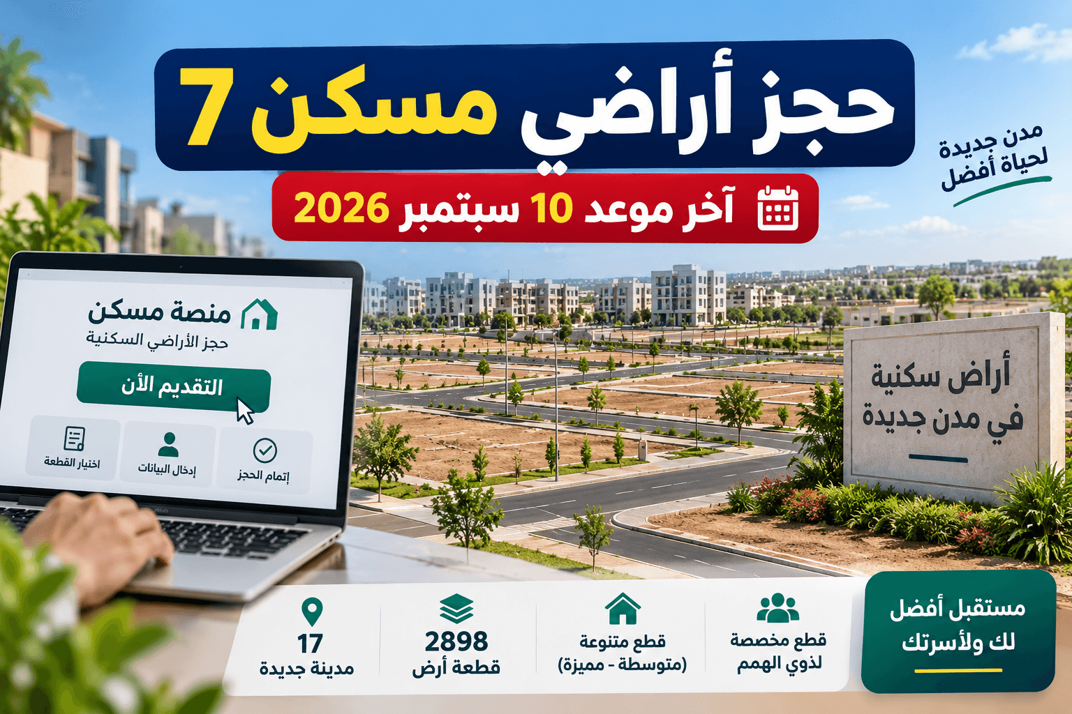 حجز أراضي مسكن 7 2026 وآخر موعد للتقديم عبر منصة مسكن