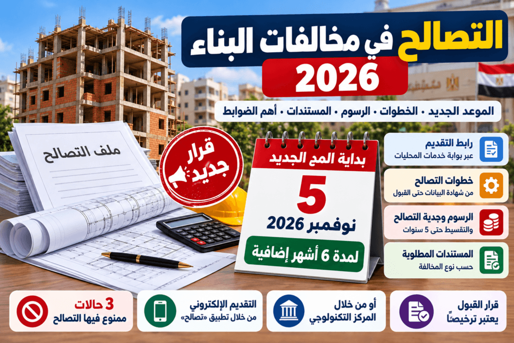 التصالح في مخالفات البناء 2026,مد التصالح في مخالفات البناء 2026,آخر موعد للتصالح في مخالفات البناء 2026,رابط التصالح في مخالفات البناء,رسوم التصالح في مخالفات البناء 2026