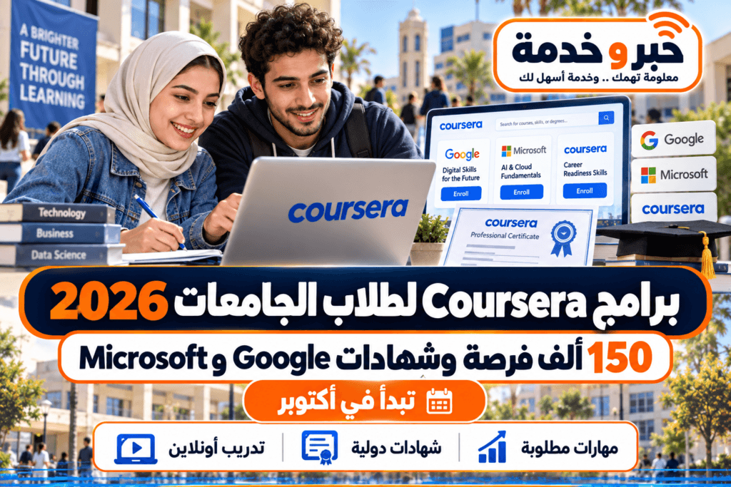 برامج Coursera لطلاب الجامعات 2026 و150 ألف فرصة تدريب وشهادات Google وMicrosoft
