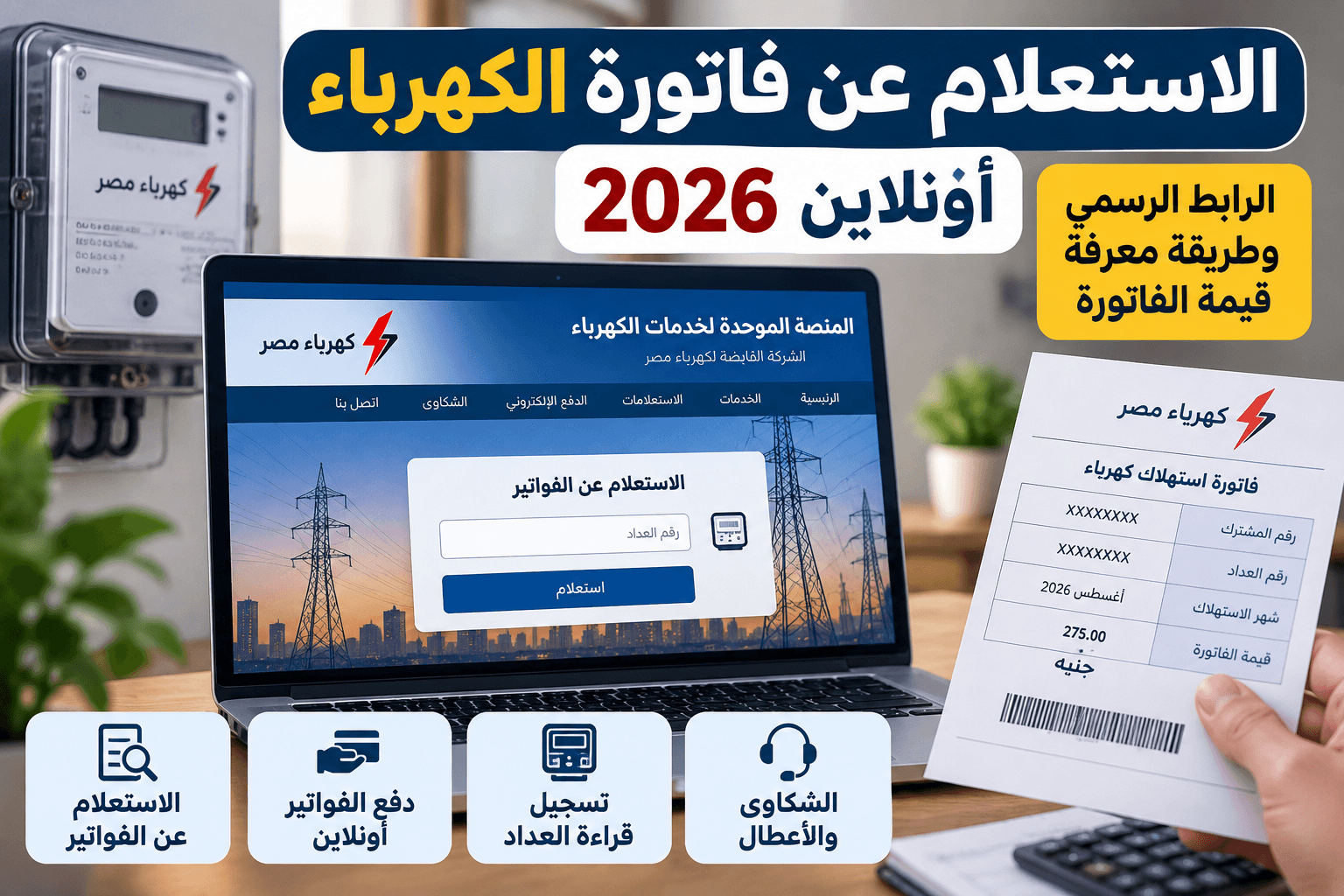 الاستعلام عن فاتورة الكهرباء أونلاين 2026 والرابط الرسمي وطريقة معرفة قيمة الفاتورة