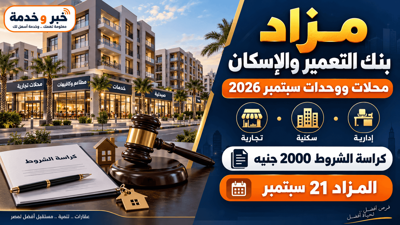 مزاد بنك التعمير والإسكان سبتمبر 2026 للمحلات والوحدات وكراسة الشروط