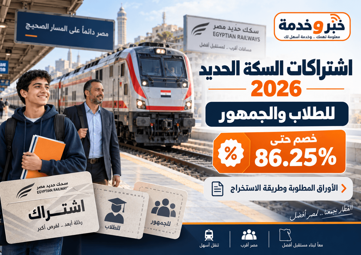 اشتراكات السكة الحديد 2026 للطلاب والجمهور بتخفيضات تصل إلى 86.25%