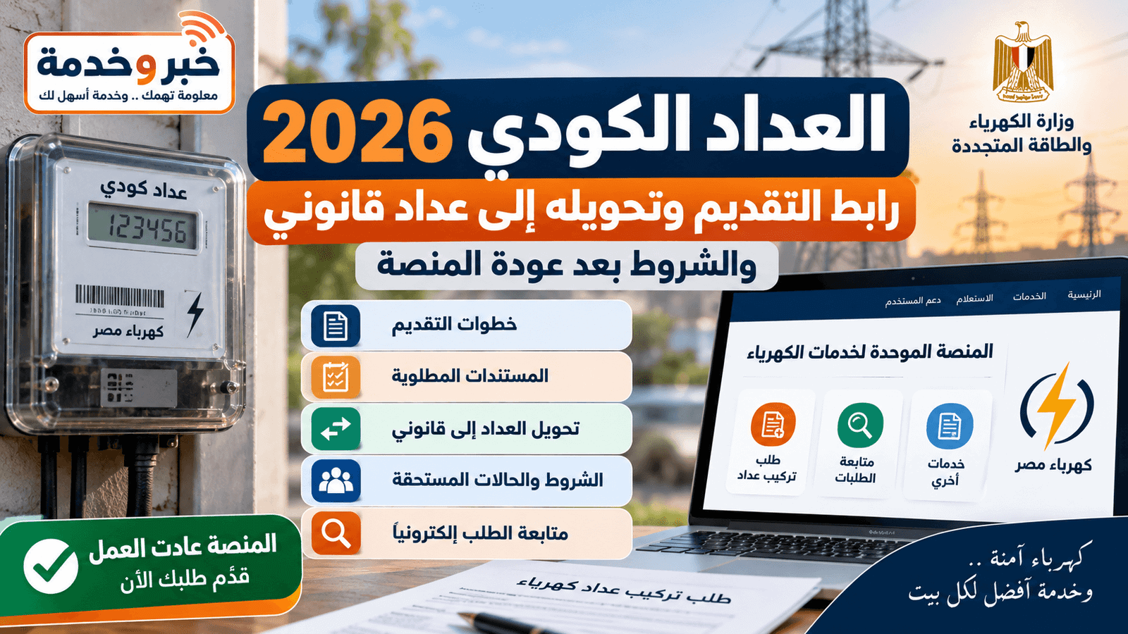 العداد الكودي 2026 رابط التقديم وتحويل العداد الكودي إلى عداد قانوني عبر المنصة الموحدة لخدمات الكهرباء