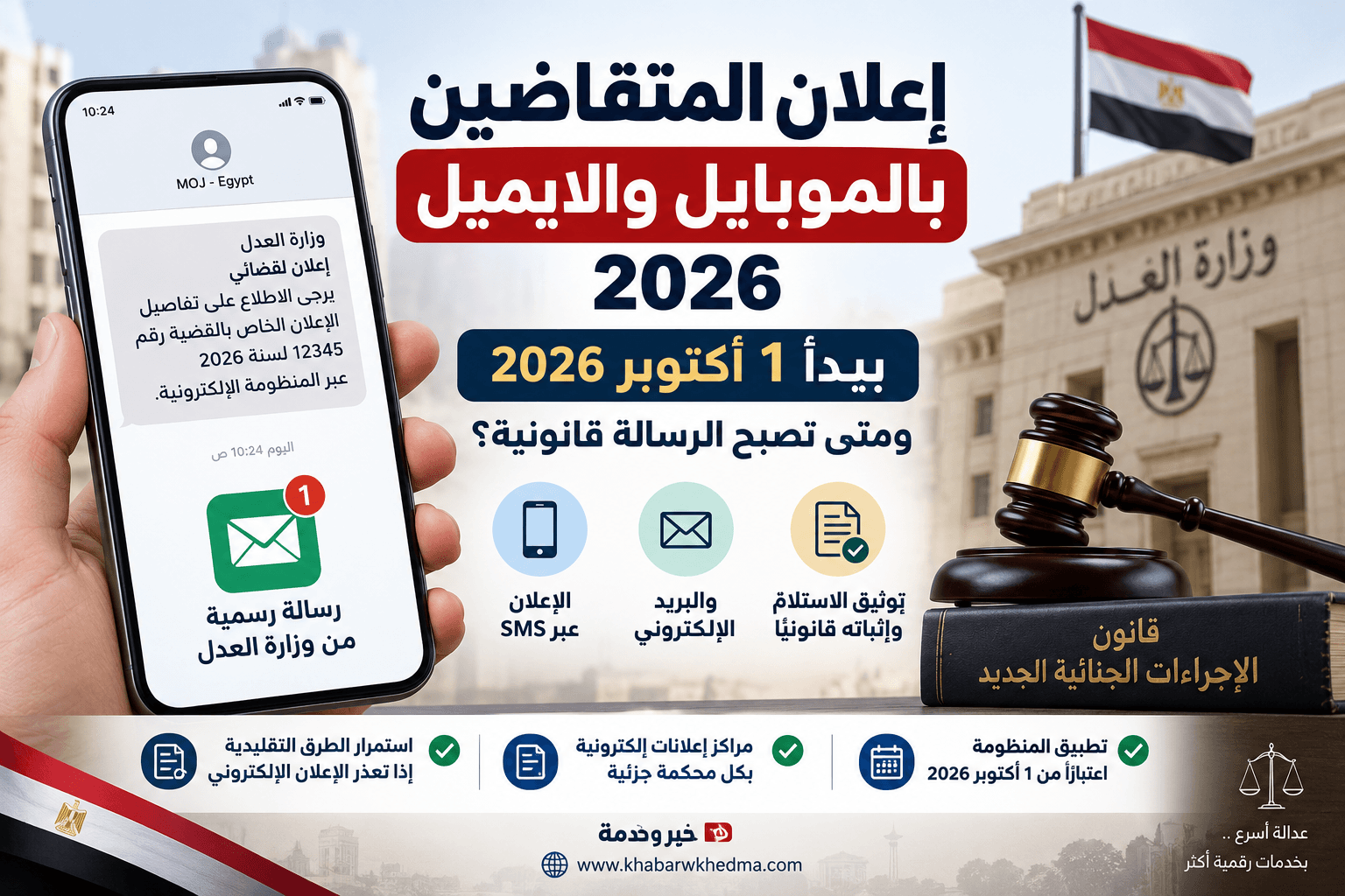 إعلان المتقاضين إلكترونيًا 2026 عبر رسائل SMS والموبايل بدءًا من 1 أكتوبر وفق قرار وزير العدل