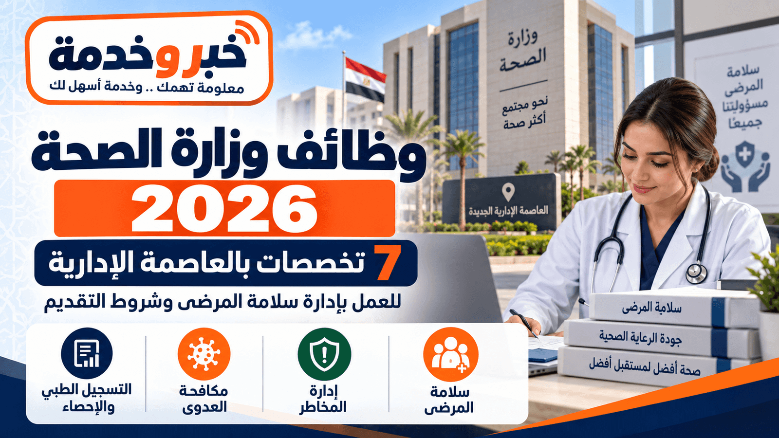 وظائف وزارة الصحة 2026 بالعاصمة الإدارية في 7 تخصصات للعمل بإدارة سلامة المرضى وشروط التقديم