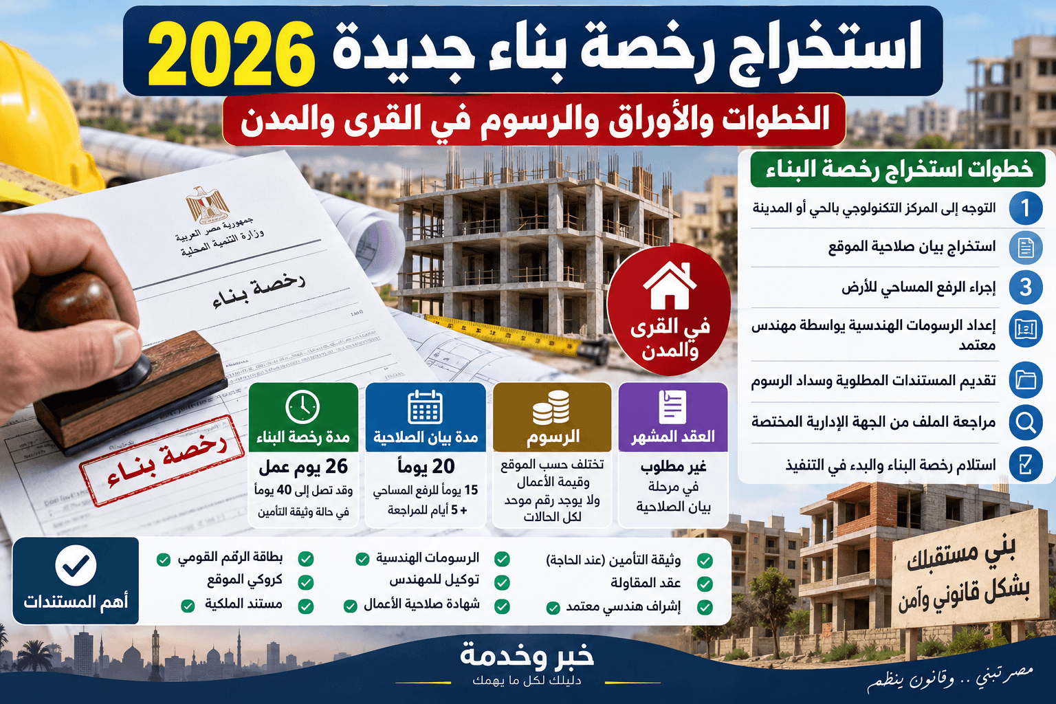استخراج رخصة بناء جديدة 2026 وخطوات بيان الصلاحية والأوراق والرسوم في القرى والمدن