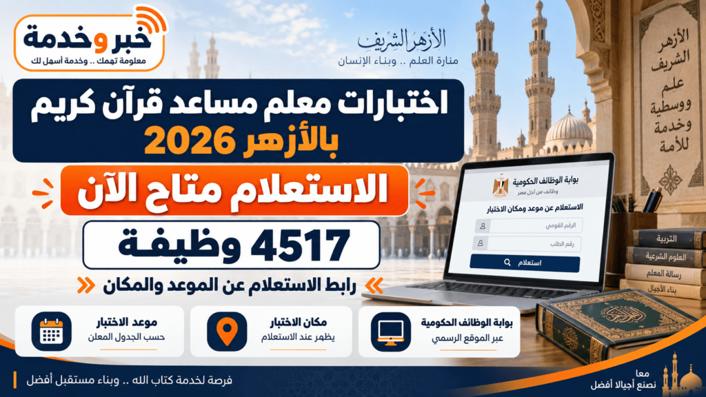 اختبارات معلم مساعد قرآن كريم بالأزهر 2026 ورابط الاستعلام عن موعد ومكان اختبار 4517 وظيفة