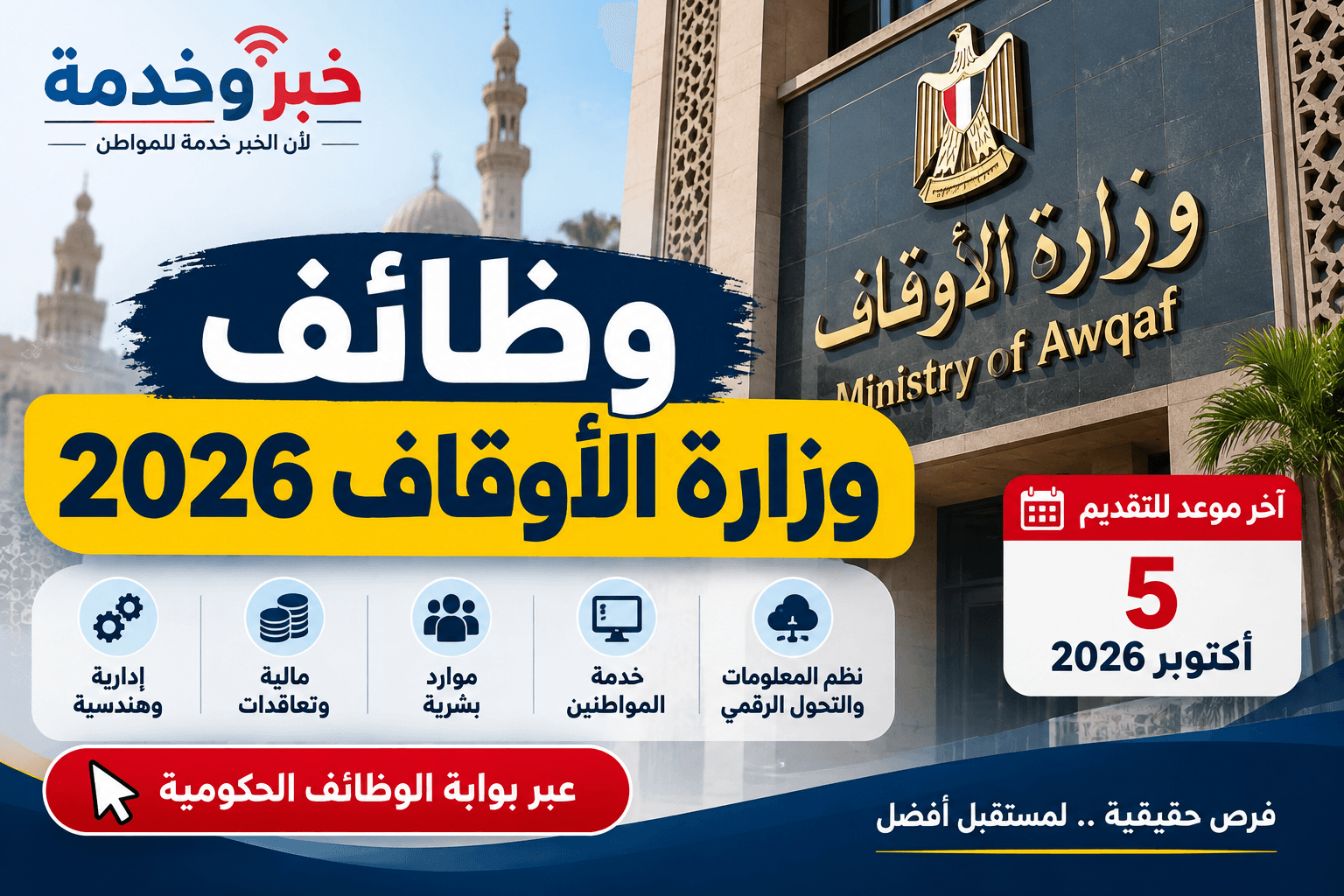 وظائف وزارة الأوقاف 2026 والتخصصات ورابط التقديم حتى 5 أكتوبر