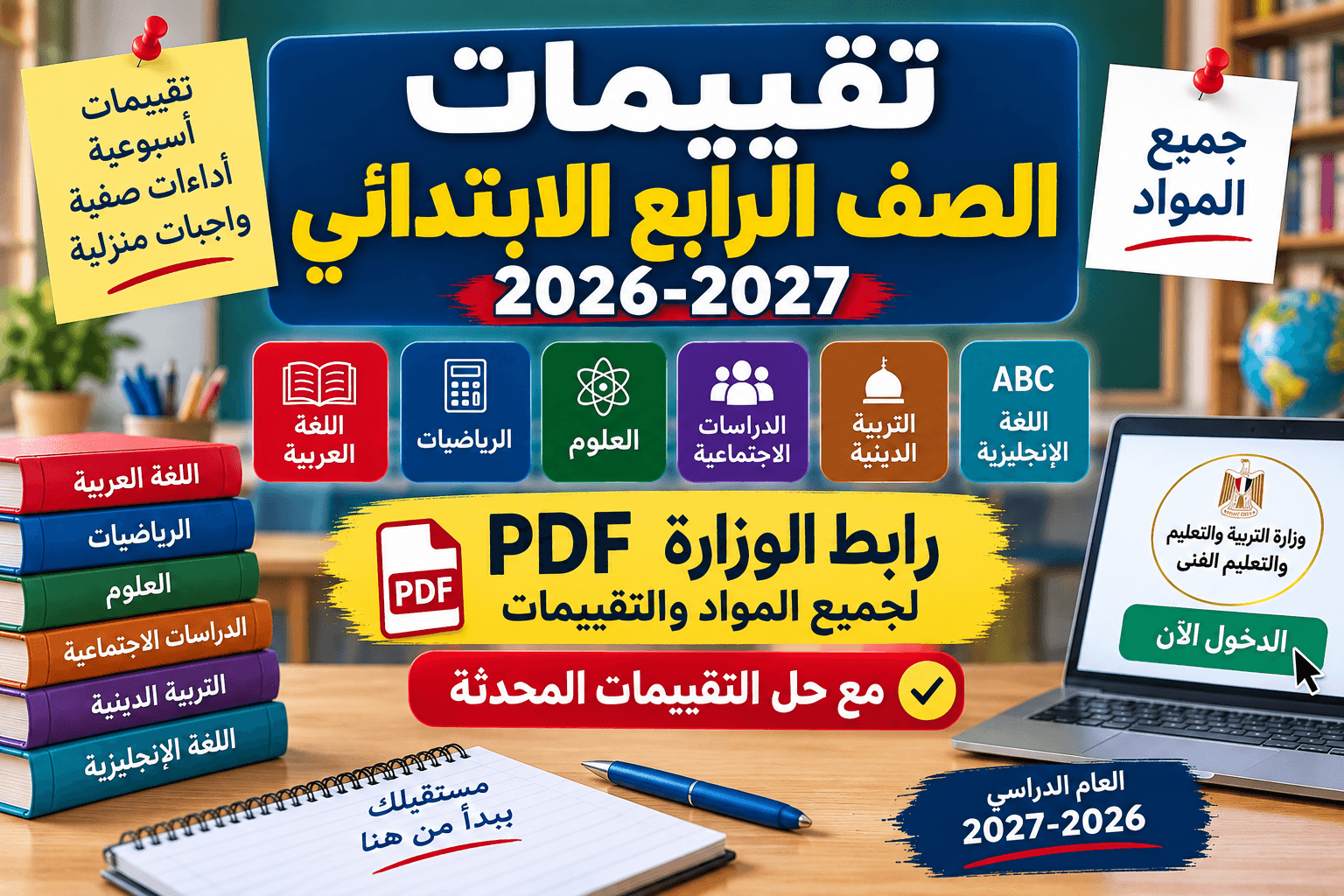 تقييمات الصف الرابع الابتدائي 2026-2027 PDF لجميع المواد مع رابط الوزارة وحلول التقييمات المحدثة