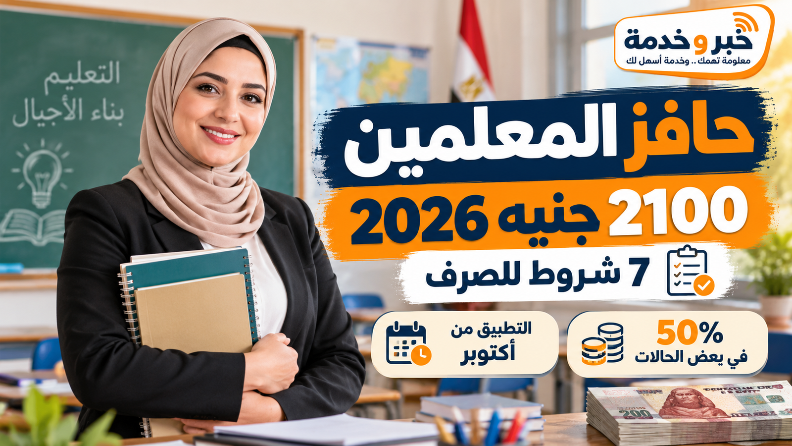 حافز المعلمين 2100 جنيه 2026.. 7 شروط للصرف وحالات الحصول على 50%