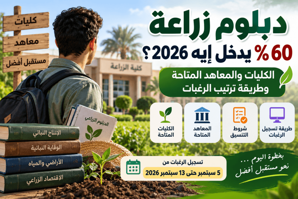 دبلوم زراعة 60% يدخل إيه 2026 والكليات والمعاهد المتاحة لطلاب الدبلوم الزراعي
