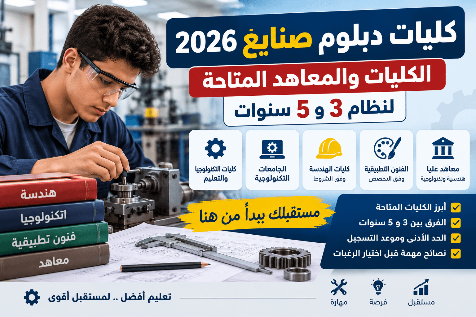 كليات دبلوم صنايع 2026 لنظام 3 و5 سنوات وشروط الهندسة