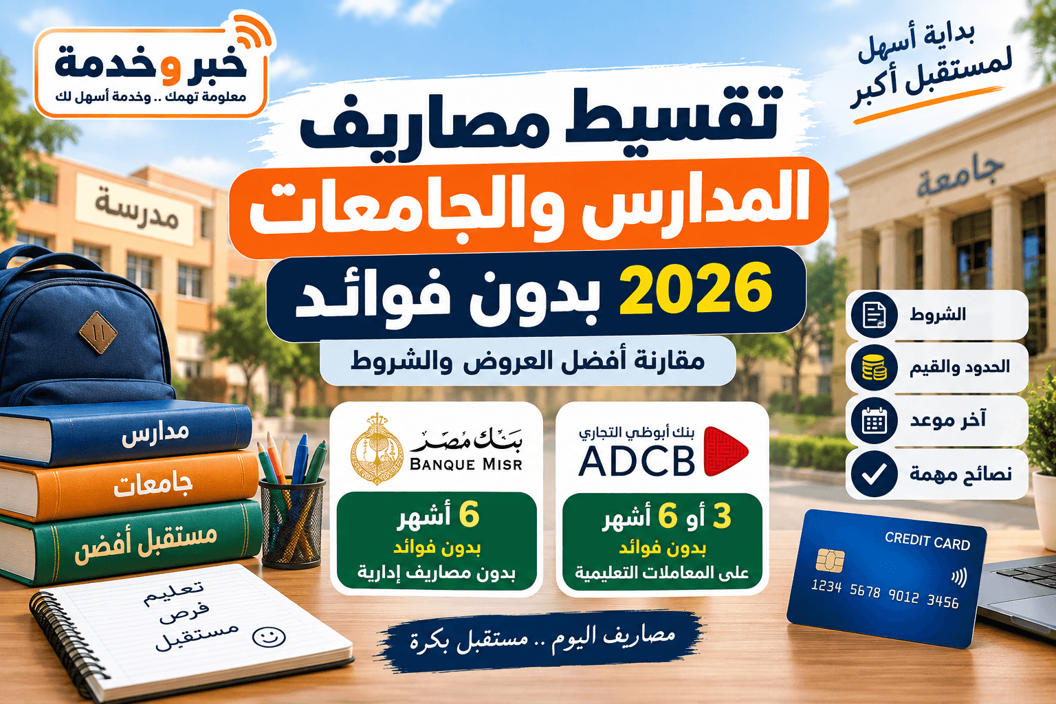 تقسيط مصاريف المدارس والجامعات 2026 بدون فوائد ومقارنة العروض البنكية