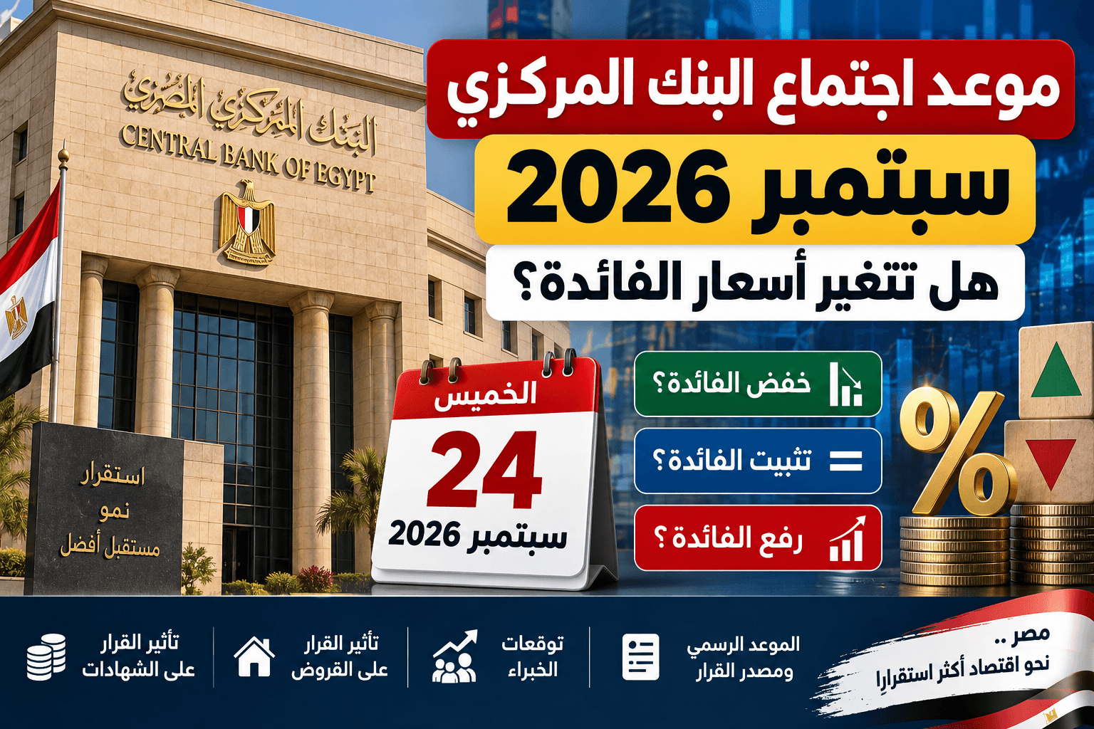 موعد اجتماع البنك المركزي المصري سبتمبر 2026 وقرار أسعار الفائدة
