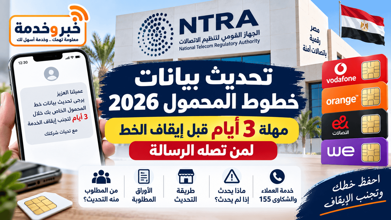 تحديث بيانات خطوط المحمول 2026 ومهلة 3 أيام قبل إيقاف الخط
