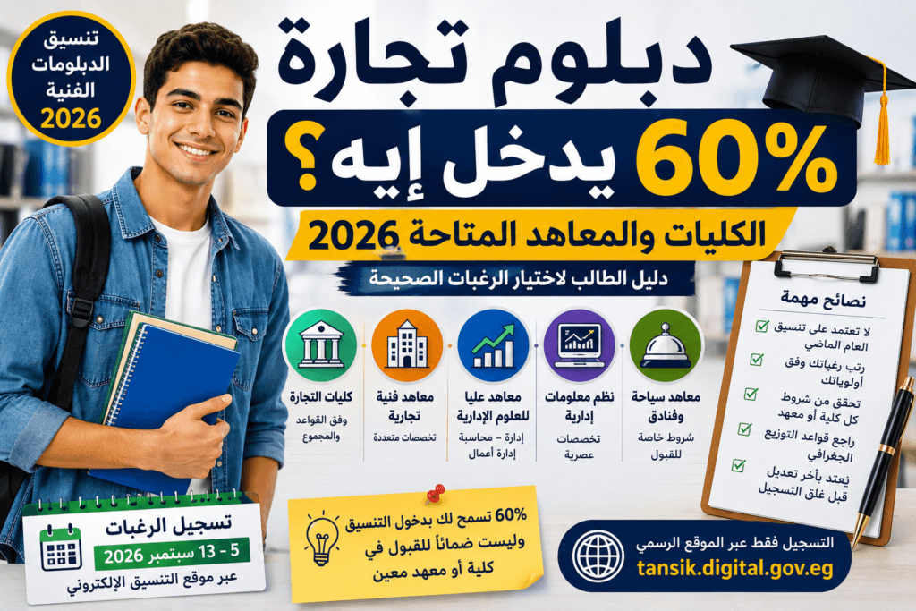 دبلوم تجارة 60% يدخل إيه 2026 والكليات والمعاهد المتاحة لطلاب التجاري نظام 3 و5 سنوات