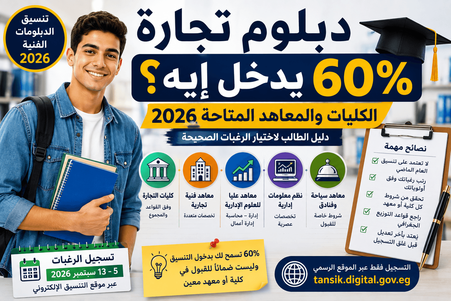 دبلوم تجارة 60% يدخل إيه 2026 والكليات والمعاهد المتاحة لطلاب التجاري نظام 3 و5 سنوات