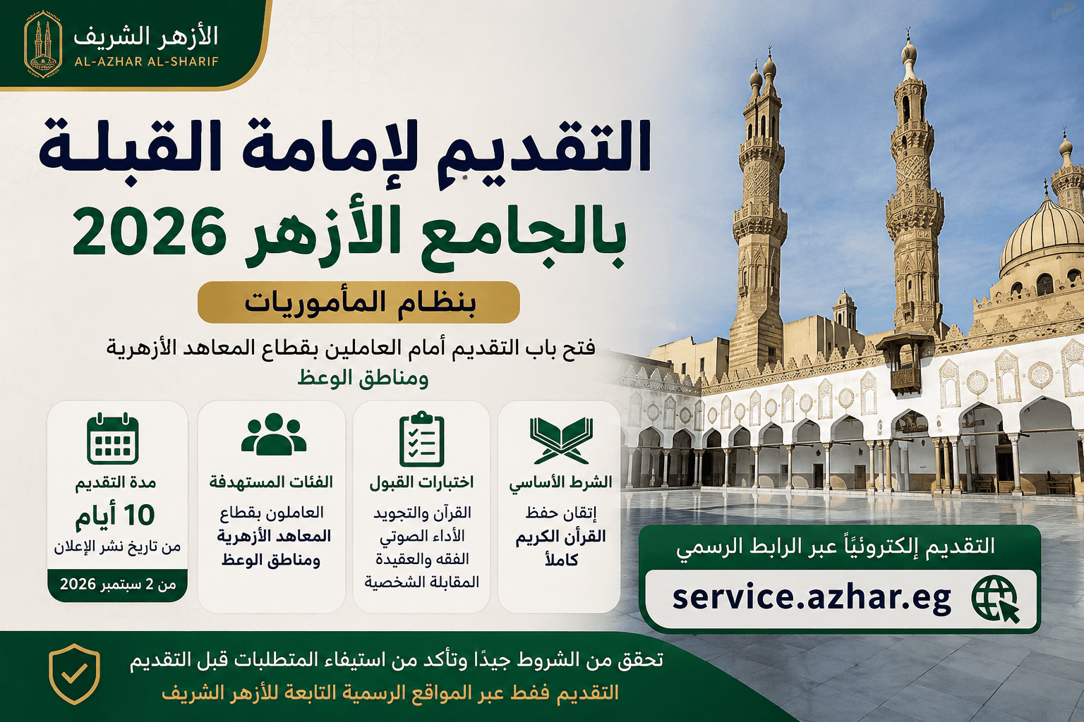 التقديم لإمامة القبلة بالجامع الأزهر 2026 والشروط ورابط التسجيل الرسمي بنظام المأموريات