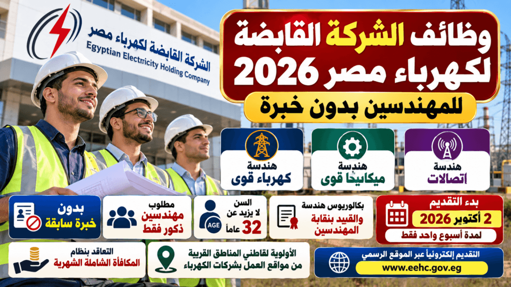 وظائف الشركة القابضة لكهرباء مصر 2026 للمهندسين بدون خبرة والتقديم من 2 أكتوبر